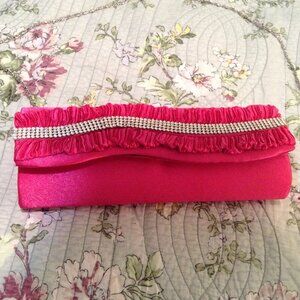 Satin Hot Pink Evening Bag with Chain, Rhinestone trim and Snap Closure